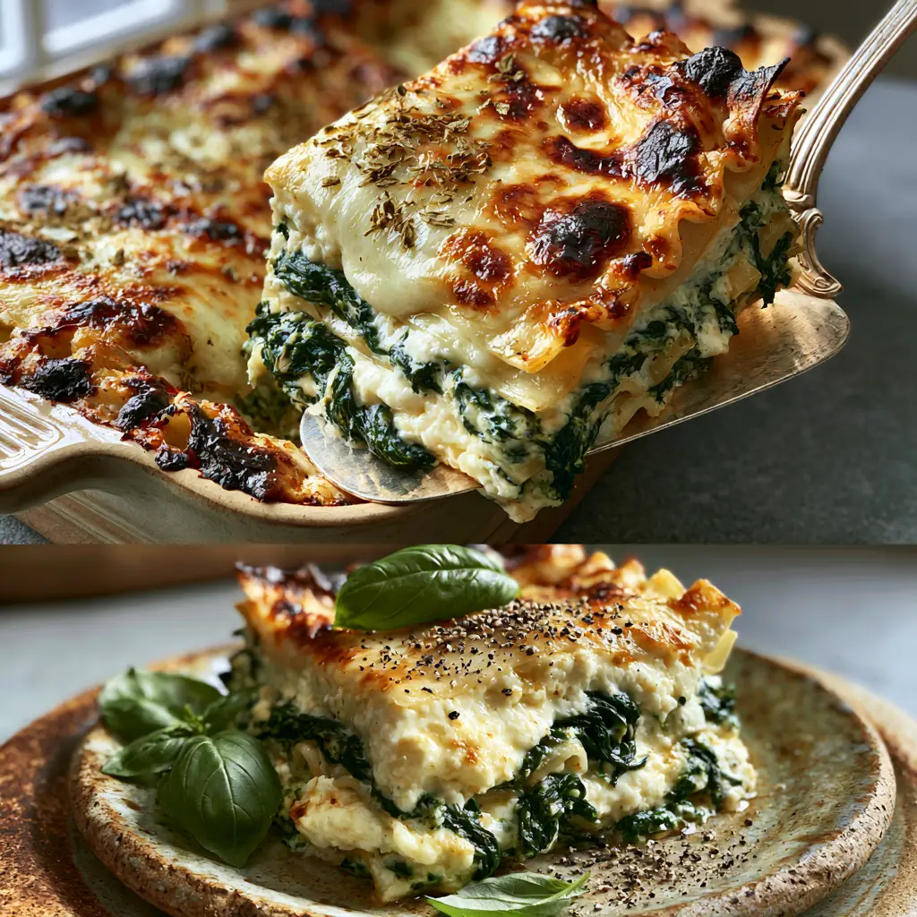 Spinach and Ricotta Lasagna with a Toasted Parmesan Crust 1 Close up food photography showing the bubbling golden-brown mozzarella and charred edges of a spinach and ricotta lasagna.