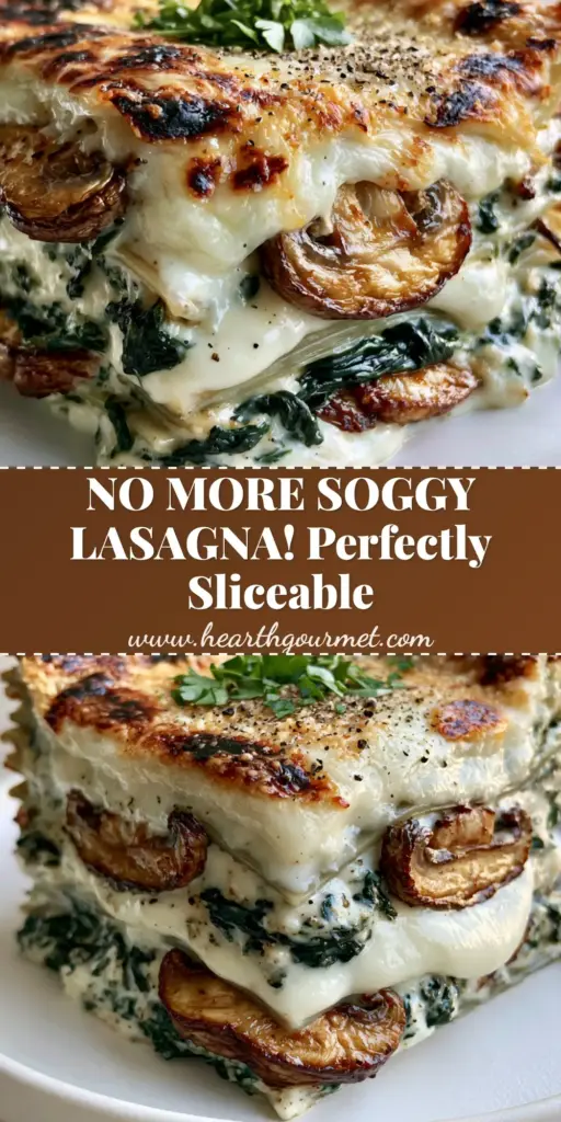A towering, perfectly square slice of Spinach and mushroom lasagna with thick white bechamel layers and a toasted parmesan crust on a matte white plate.