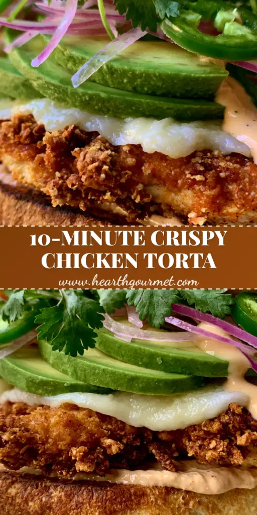A close-up of a chicken torta sandwich showing the layers of crispy chicken milanesa, melted cheese, and fresh avocado.