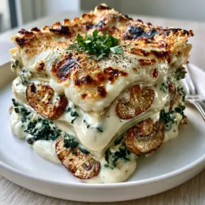 Macro view of Spinach and mushroom lasagna showing distinct layers of green spinach, golden mushrooms, and creamy white sauce.