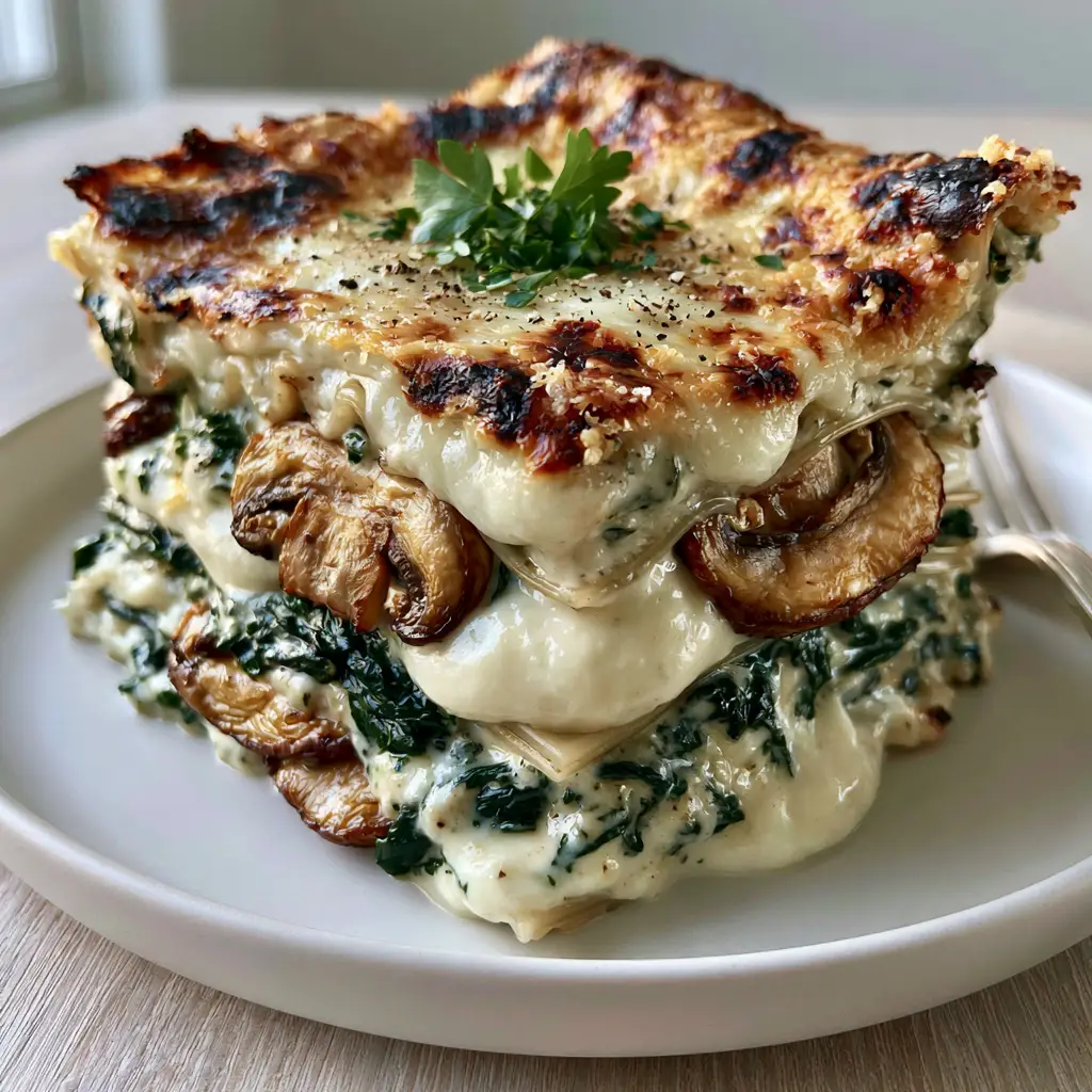 Side view of a Spinach and mushroom lasagna slice on a light wood table with a silver fork.