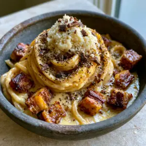 Overhead view of a Carbonara recipe with a high swirl of spaghetti and coarse black pepper.