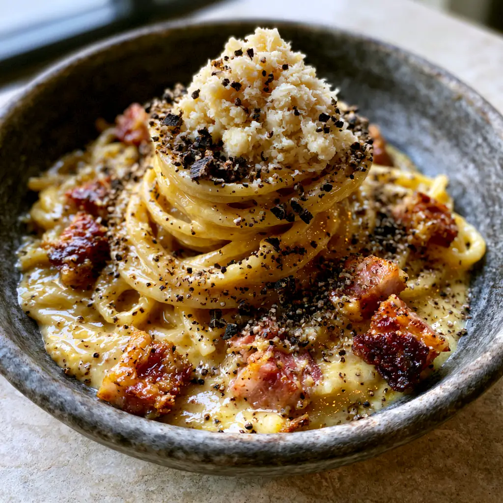 Close up of the glossy pale gold egg emulsion and crispy guanciale in this Carbonara recipe.