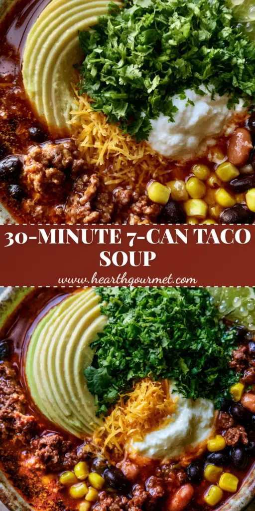A rustic ceramic bowl of Easy Taco Soup topped with avocado slices, sour cream, and cilantro. (Easy Taco Soup)