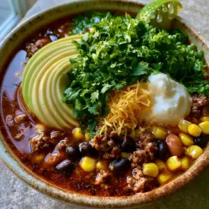 Extreme close-up of glossy reddish-brown taco soup broth with corn and beef crumbles. (Easy Taco Soup)