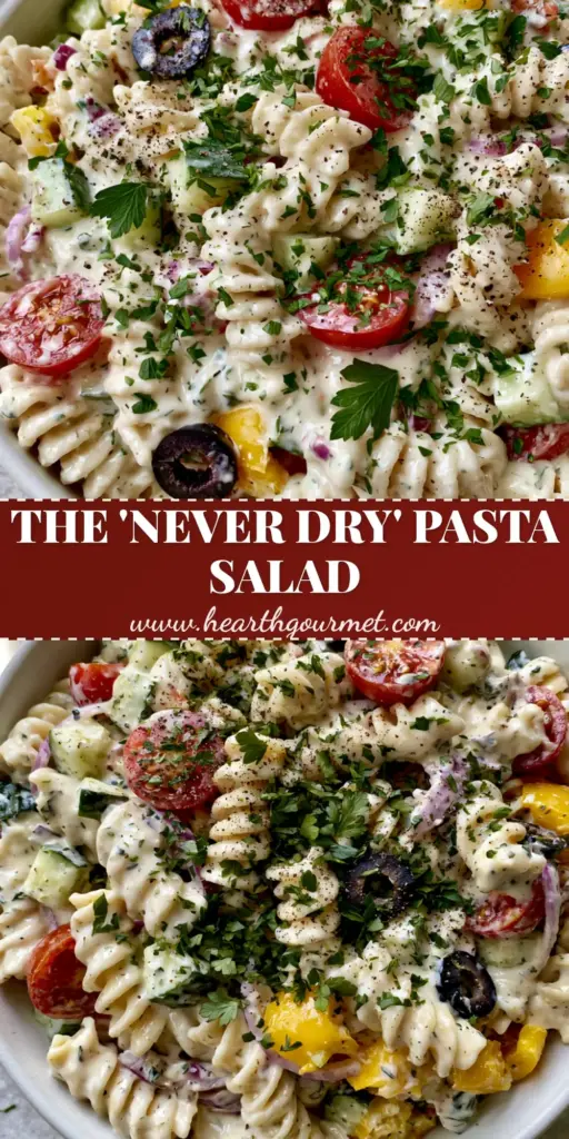 A large white bowl of Creamy pasta salad with rotini, cherry tomatoes, and cucumbers, glistening under natural light.