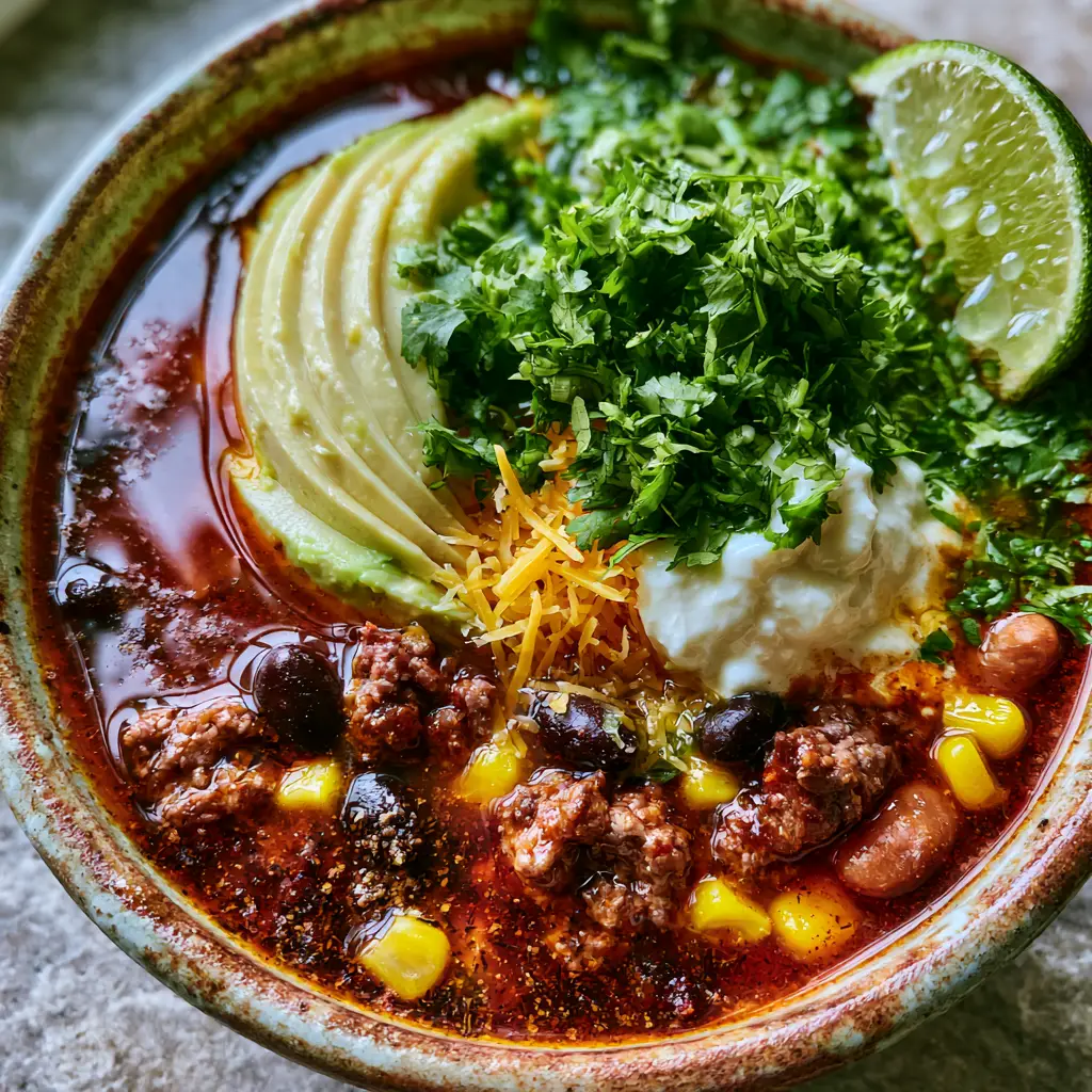 A fan of fresh avocado slices and a dollop of sour cream on top of taco soup.
