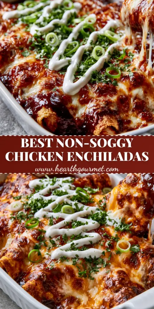 A 45-degree angle shot of chicken enchilada recipes in a white ceramic dish with a dramatic cheese pull and crispy edges.