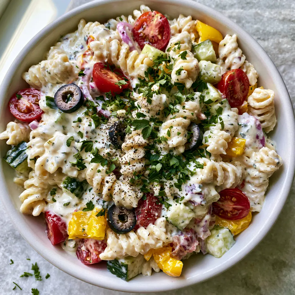 Top-down handheld photo of creamy rotini pasta salad with thick white herb dressing and vibrant vegetables in a white ceramic bowl.