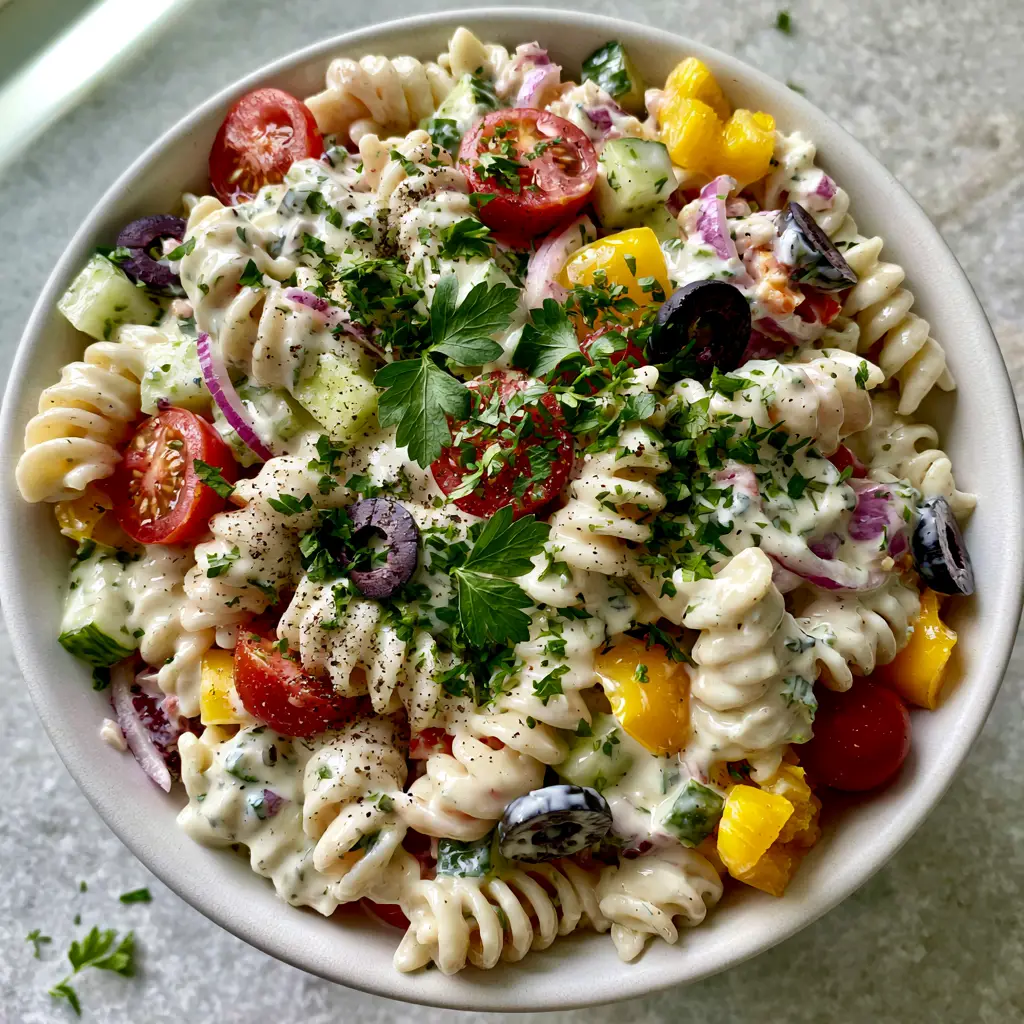 Close-up of al dente rotini pasta coated in glossy herb cream sauce with sliced black olives and red onions.