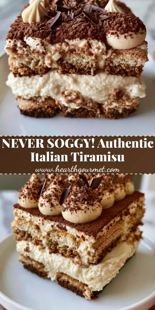 A thick, square slice of Tiramisu on a white plate showing perfectly stable layers of espresso-soaked ladyfingers and thick mascarpone cream.