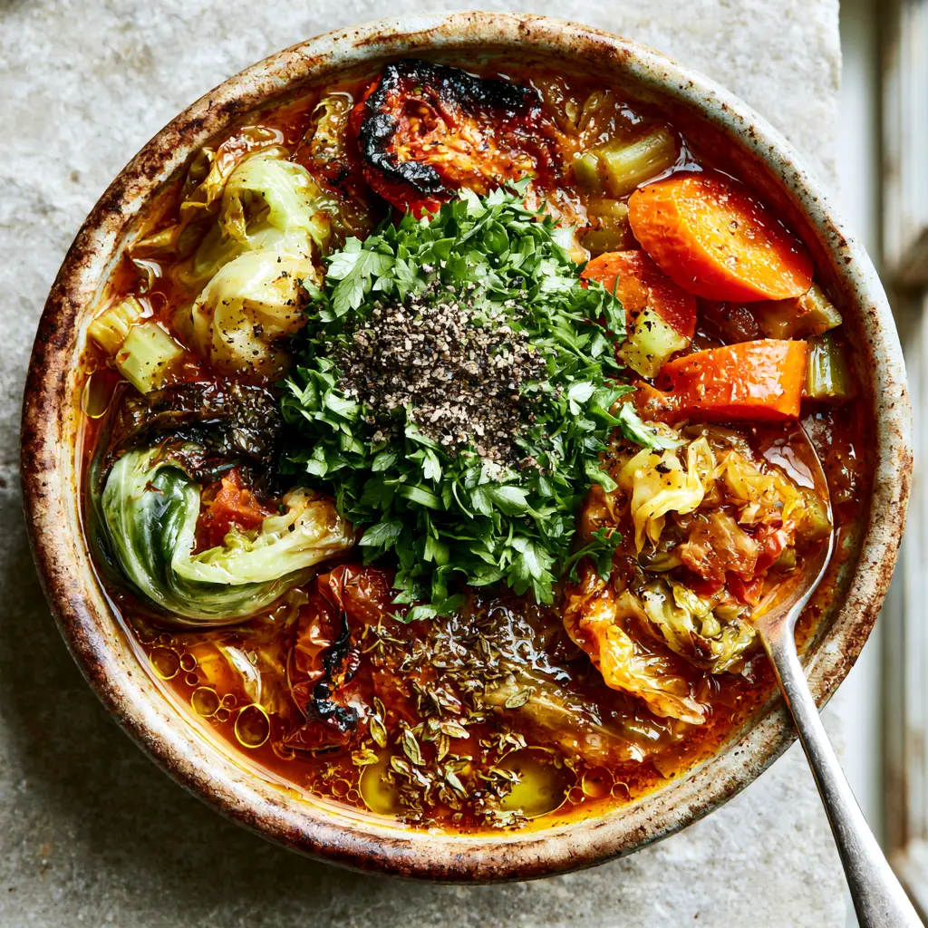 Close-up of weight watchers cabbage soup in a ceramic bowl with shimmering olive oil and cracked black pepper.