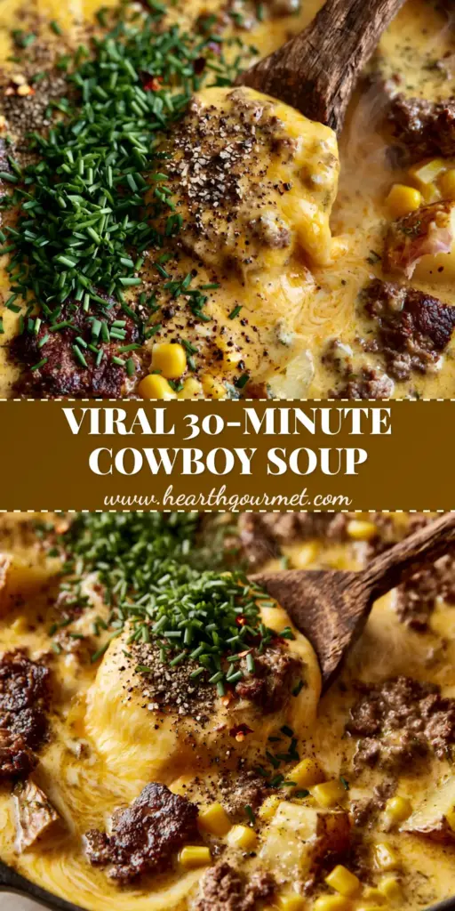 A rustic black cast iron pot filled with thick Creamy Cowboy Soup featuring seared ground beef, gold potatoes, and a visible cheese pull from a wooden spoon.