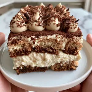 Handheld photo of a thick Tiramisu slice with dark espresso soaked ladyfingers and piped mascarpone mousse peaks.