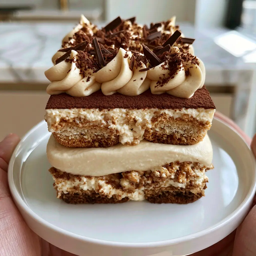 Close up of Tiramisu layers topped with a heavy dusting of dark cocoa and 70 percent dark chocolate shavings.