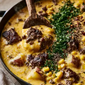 Extreme close-up of Creamy Cowboy Soup in a cast iron pot showing seared beef crumbles, gold potato cubes, and cracked black pepper.