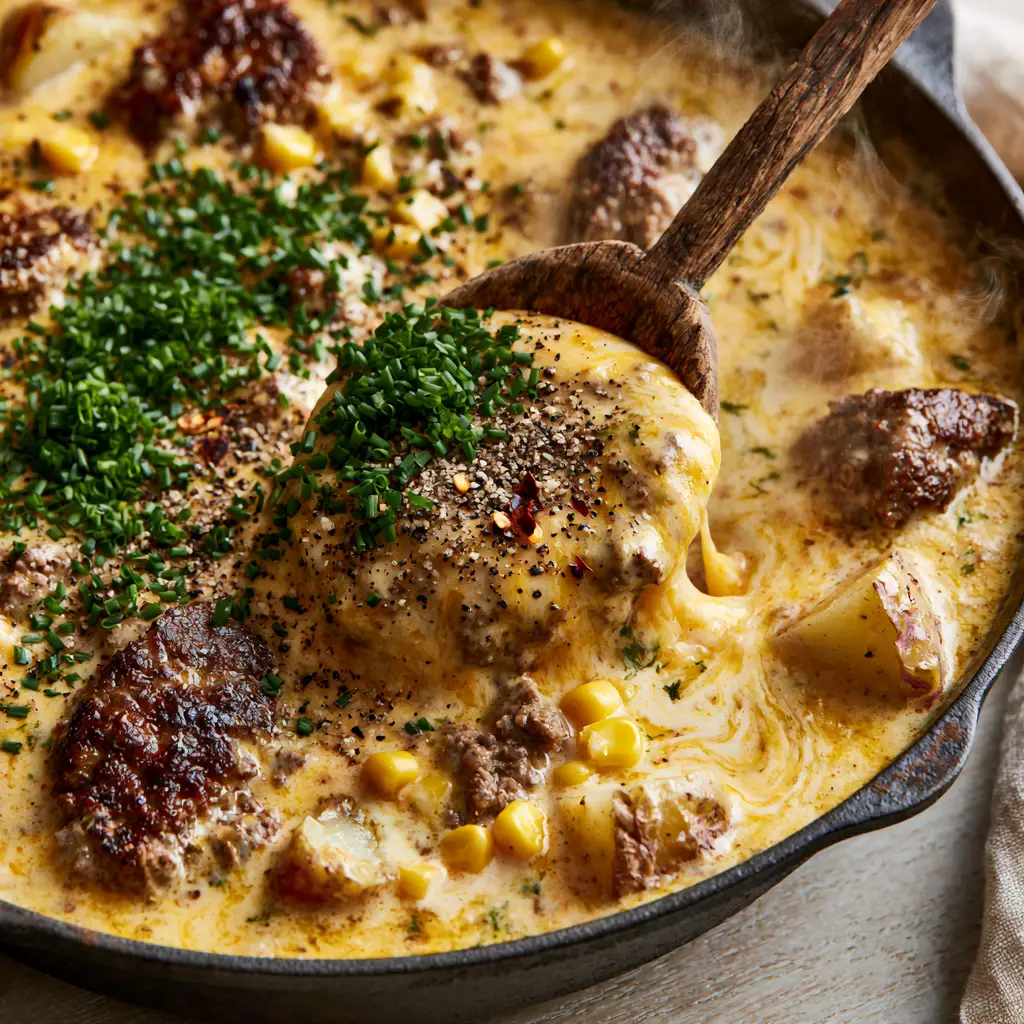 Overhead shot of Creamy Cowboy Soup with bright yellow corn, pinto beans, and fresh chives garnish in a rustic black pot.
