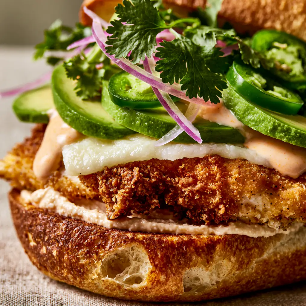 Extreme macro close-up of a chicken torta sandwich with visible craggy chicken texture and melted Oaxaca cheese.