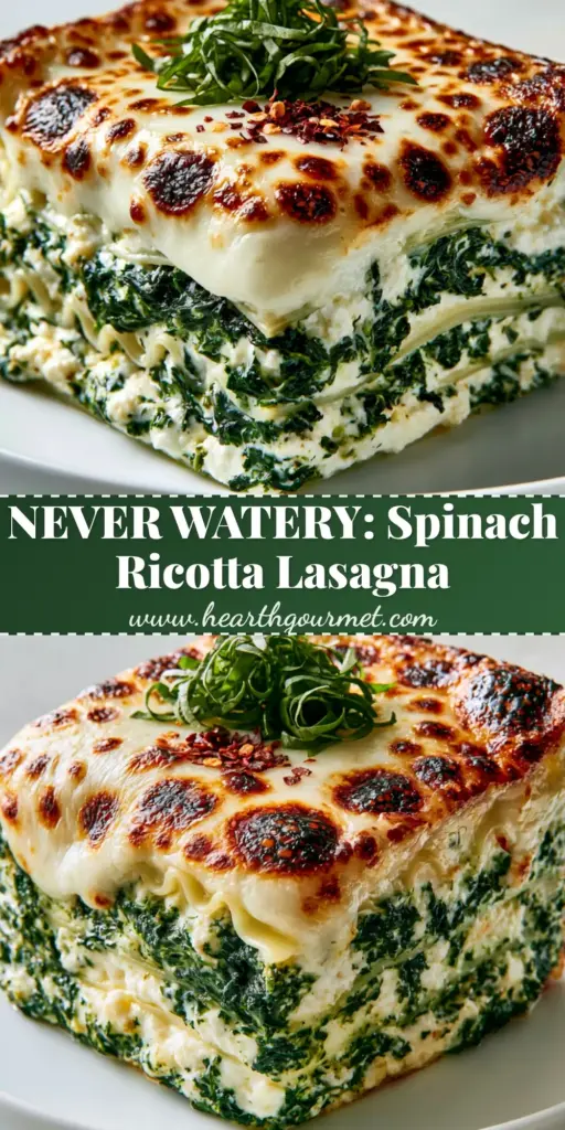 A thick square slice of spinach ricotta lasagna with clearly defined layers of forest-green spinach, creamy ricotta, and a bubbly golden-brown mozzarella crust on a white plate.