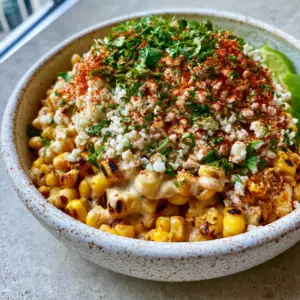 Smartphone photo of vibrant Mexican Street Corn Salad showing plump charred golden corn and thick ivory lime crema sauce.