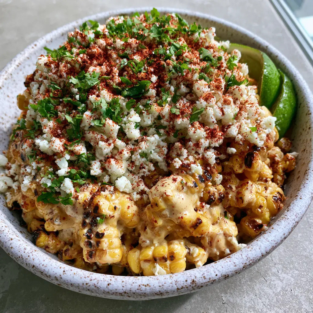 Mexican Street Corn Salad: The Ultimate Smoky and Creamy Esquites Recipe 1 A dense assembly of cotija cheese and vibrant green cilantro on top of a creamy Mexican Street Corn Salad.