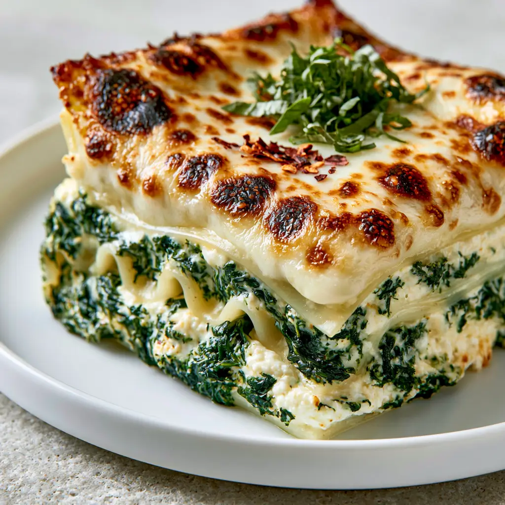 Close-up of the toasted parmesan and bubbly mozzarella crust on top of a spinach ricotta lasagna slice, garnished with basil ribbons.