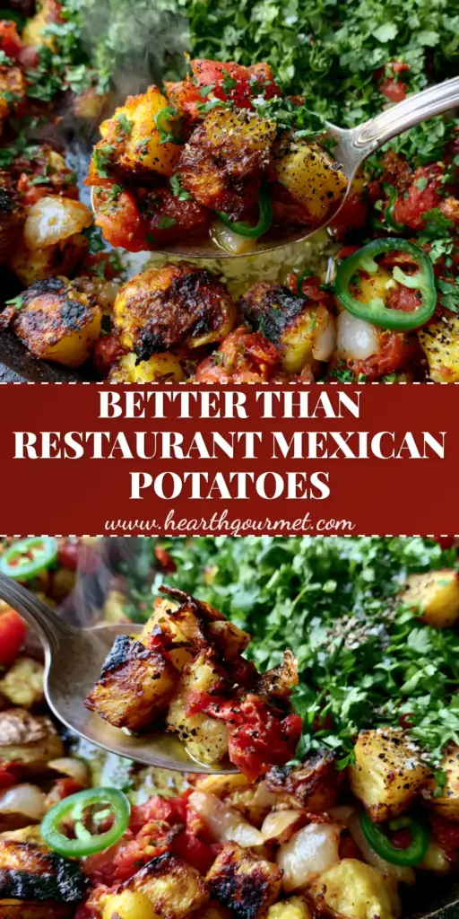 A top-down shot of Mexican Potatoes in a cast iron skillet with a silver spoon lifting a portion of charred gold potatoes, diced tomatoes, and cilantro. (Mexican Potatoes)