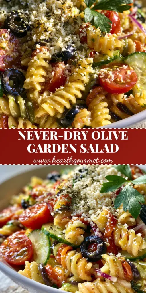 A close-up vertical shot of Olive Garden pasta salad featuring glossy rotini, tomatoes, and cucumbers on a rustic table.