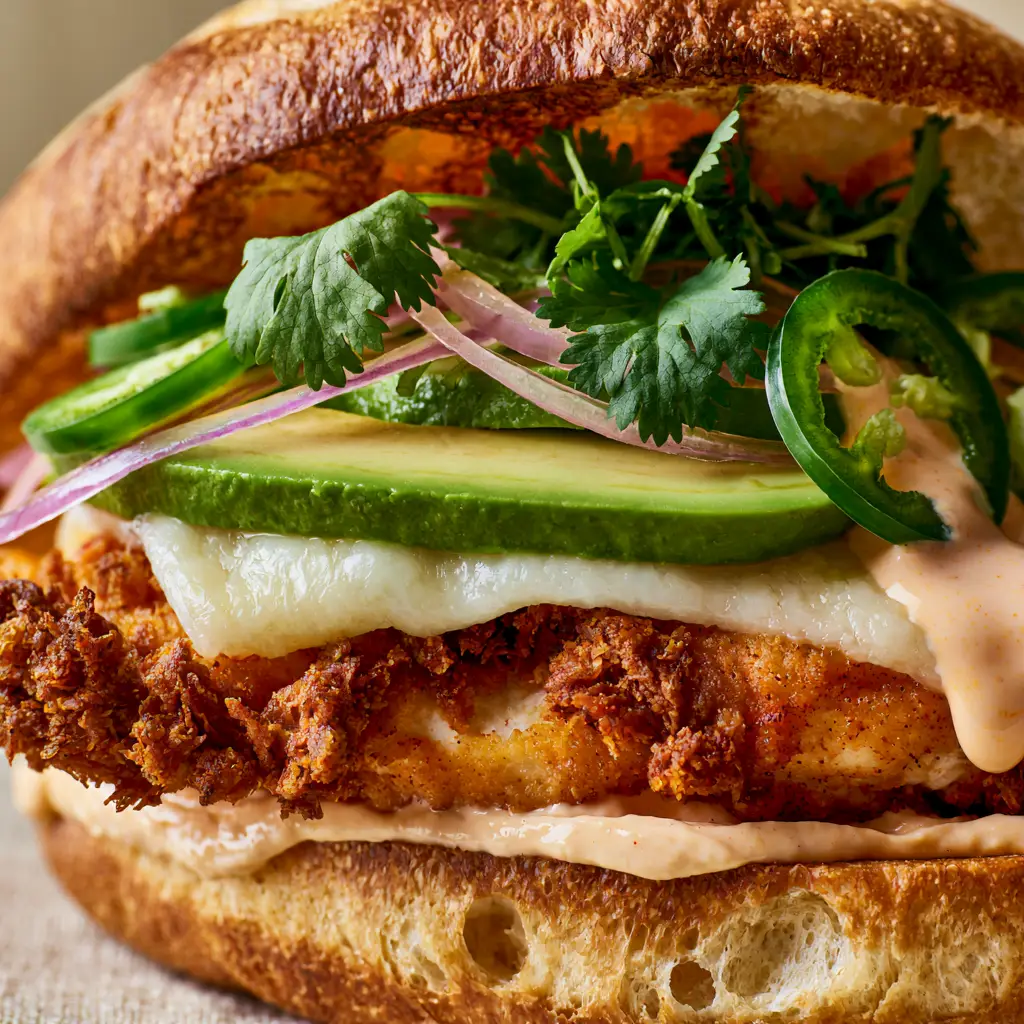 Cross section of a chicken torta sandwich showing vibrant green avocado and red onion rings.