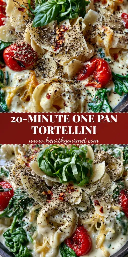A top-down shot of Creamy Spinach Tomato Tortellini in a black cast iron skillet featuring thick parmesan shavings and bright green basil.