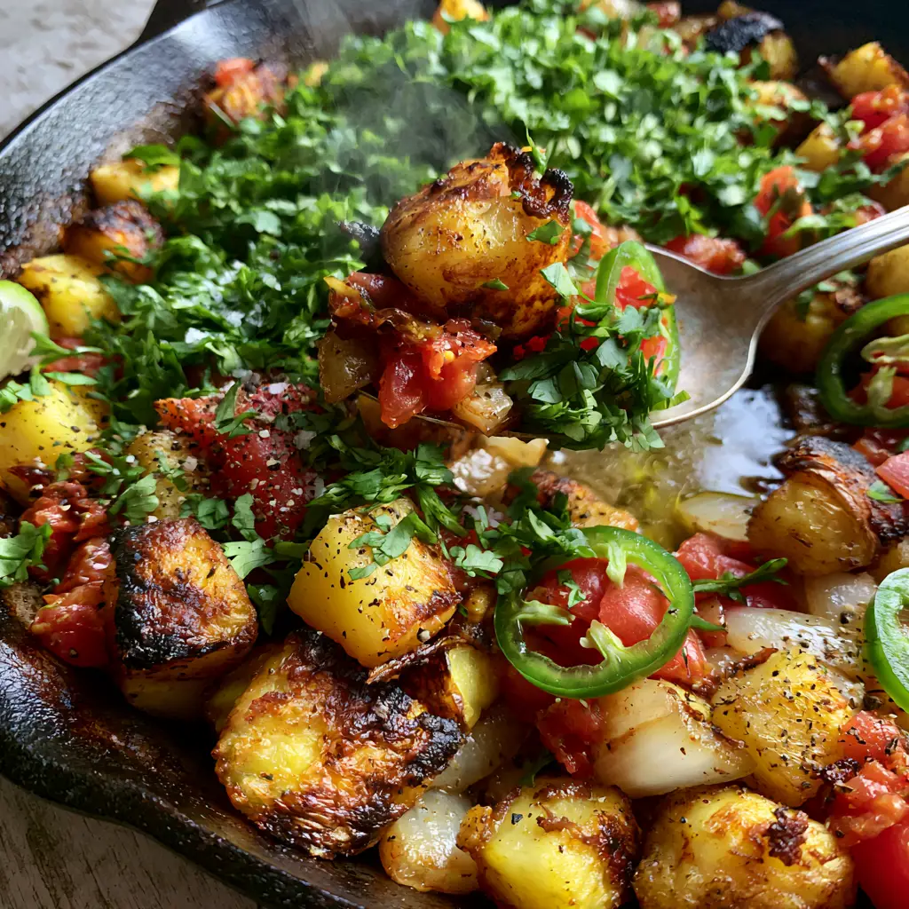 Macro shot showing charred golden-brown edges of 1/2 inch cubed gold potatoes with vibrant red tomatoes and green jalapeños. (Mexican Potatoes)