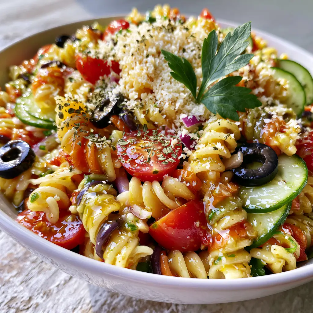 Macro shot of Olive Garden pasta salad with glossy Italian dressing, tri-color rotini, and fresh vegetables.