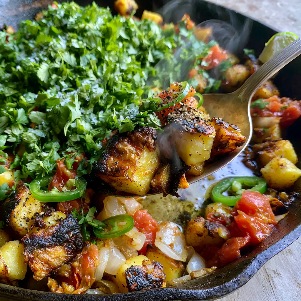 Top-down angled view of a seasoned black cast iron skillet filled with Mexican Potatoes garnished with cilantro and sea salt.