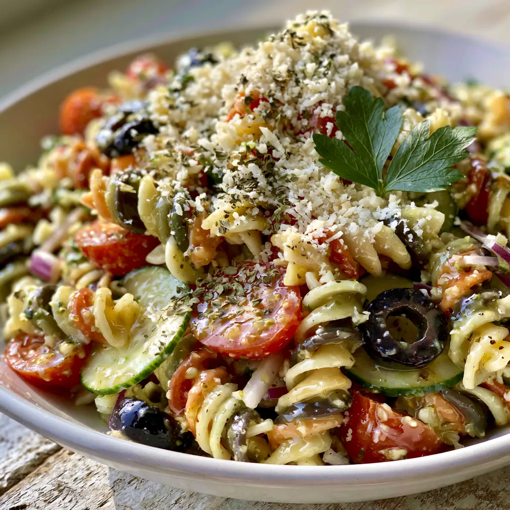 Eye-level view of a white bowl filled with Olive Garden pasta salad, showing cucumbers, olives, and red onion.