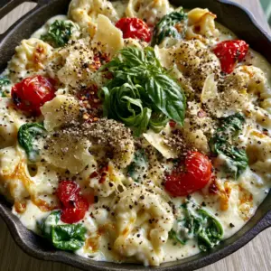Macro shot of cheese-filled tortellini in a thick ivory cream sauce with blistered tomatoes. (Creamy Spinach Tomato Tortellini)