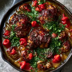Close up shot of Chicken Scarpariello showing translucent caramelized onions and glossy golden-brown glaze. (Chicken Scarpariello)