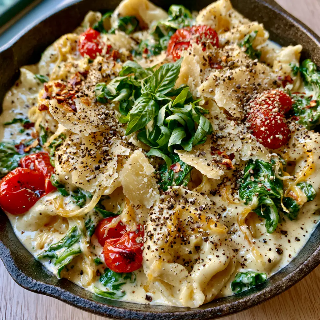 Cast iron skillet filled with Creamy Spinach Tomato Tortellini, garnished with basil chiffonade and cracked black pepper.
