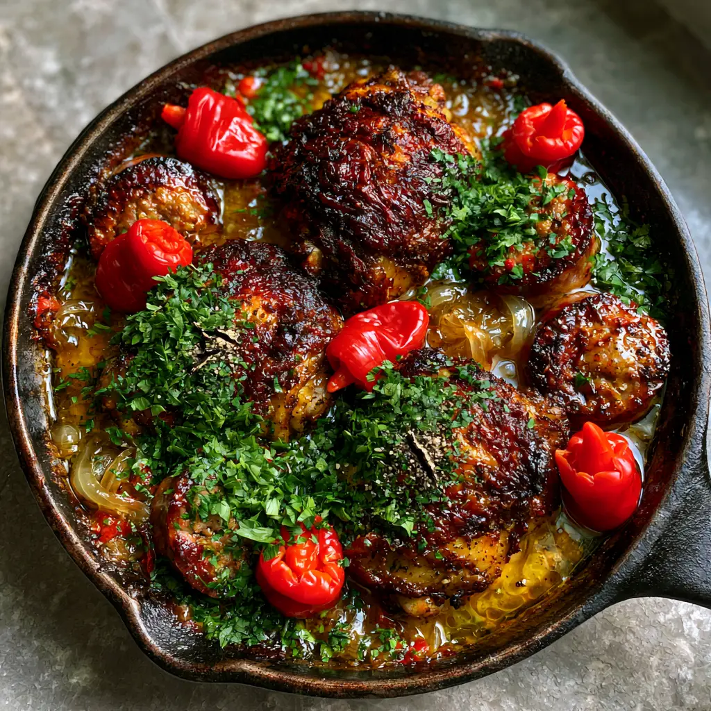 Mahogany colored chicken thighs in a cast iron skillet with bright red Peppadew peppers and green parsley garnish. (Chicken Scarpariello)