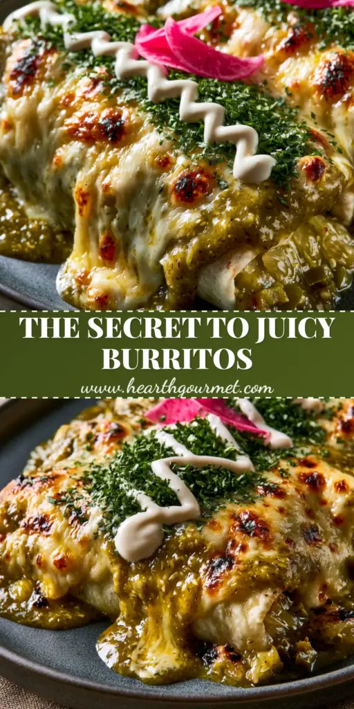 A close-up vertical shot of three smothered burritos drenched in green chili sauce and bubbling Monterey Jack cheese, garnished with crema and radishes. (smothered burritos)