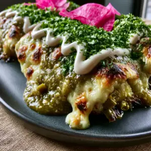 Macro photo of velvety roasted green chili sauce with visible charred tomatillo chunks and melted Monterey Jack cheese with golden spots. (smothered burritos)