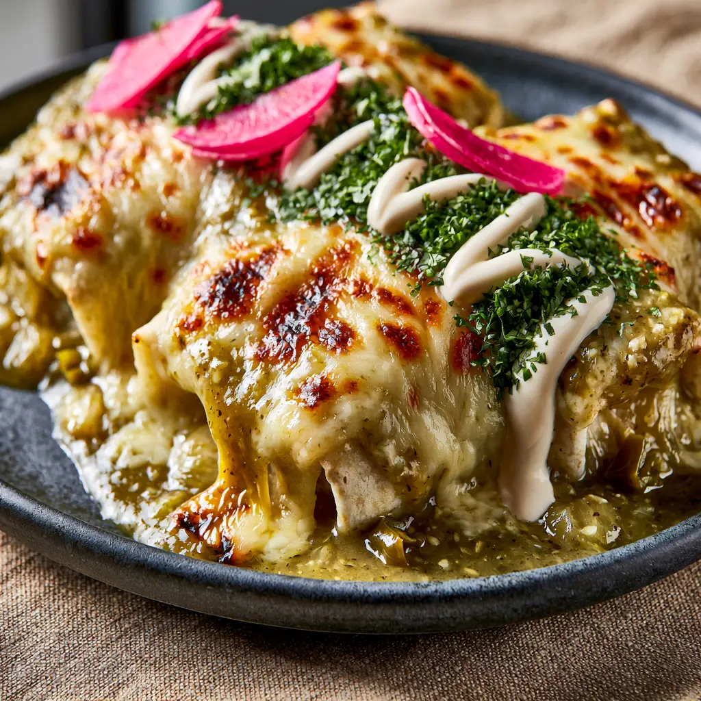 A glistening drip of green chili sauce and melted cheese cascading down the side of a flour tortilla. (smothered burritos)