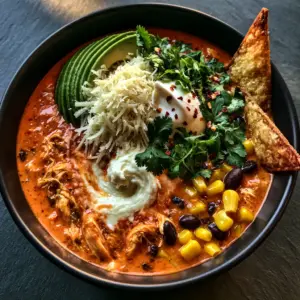 Macro view of thick orange-red creamy chicken taco soup with shredded chicken, black beans, and corn kernels.
