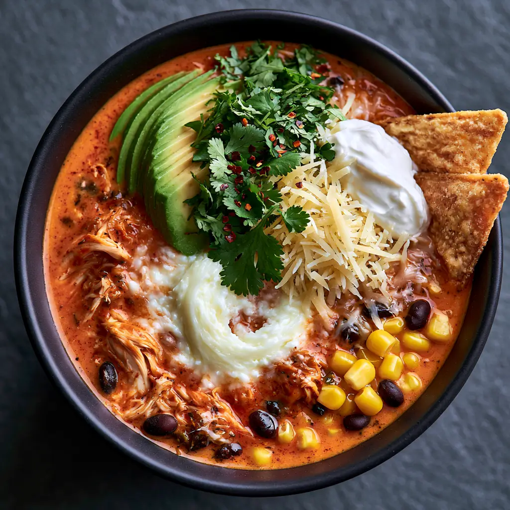 Garnished bowl of creamy chicken taco soup featuring fanned avocado, Monterey Jack cheese, and cilantro leaves.