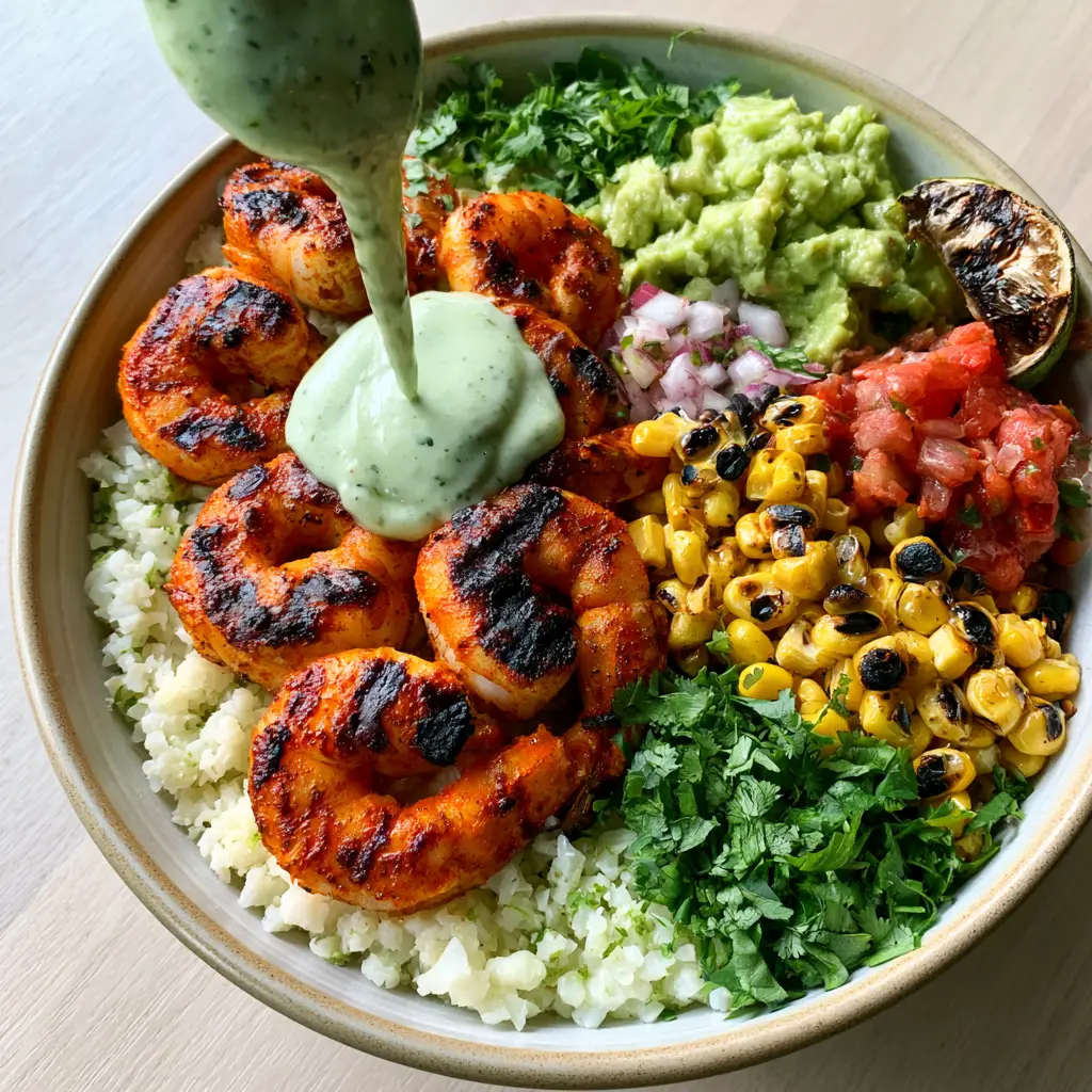 A handheld smartphone photo of a deconstructed Grilled Shrimp Bowl with a thick cilantro lime sauce pour.