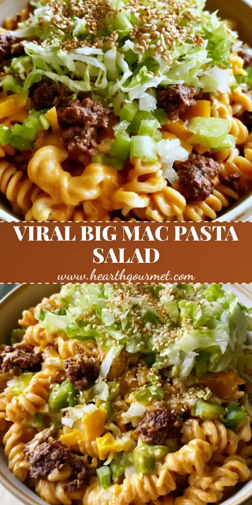 A top-down view of Big Mac pasta salad in a white ceramic bowl featuring rotini, seared beef, and shredded iceberg lettuce with sesame seeds.