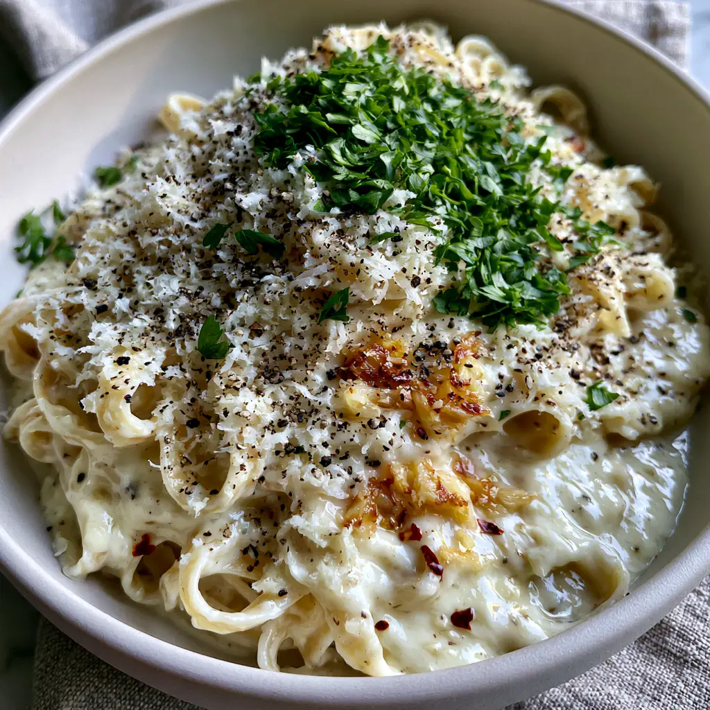 Creamy Garlic Pasta: The Ultimate Velvety Fettuccine Recipe 2 Elegant swirls of al dente fettuccine in a thick white garlic cream sauce, garnished with parsley and black pepper. (Creamy Garlic Pasta)
