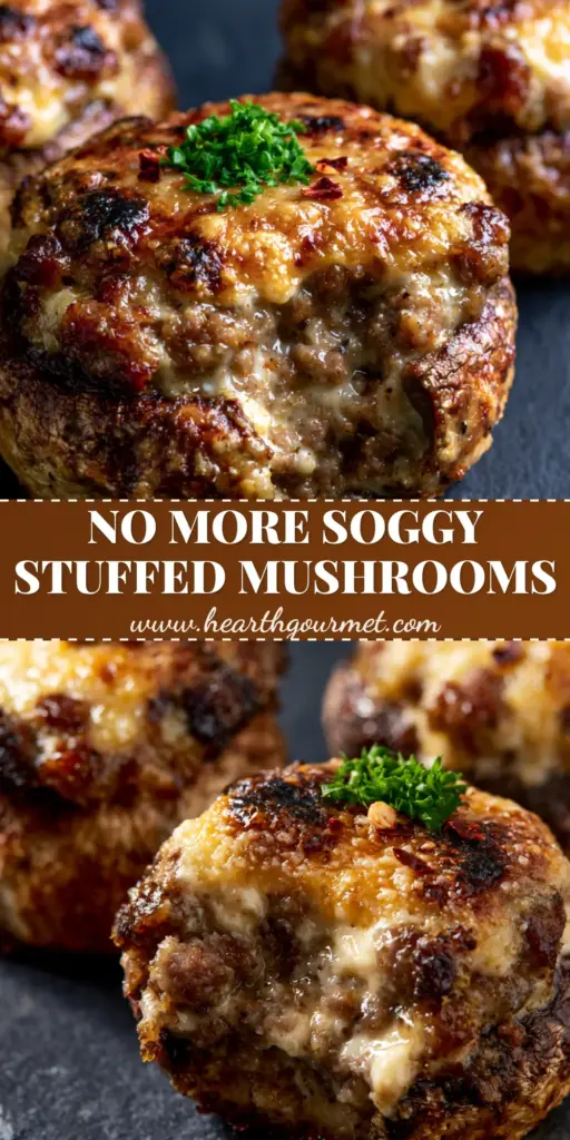 A macro hero shot of three stuffed mushrooms on a rustic dark slate board featuring golden-brown roasted bases and a bubbling parmesan crust.