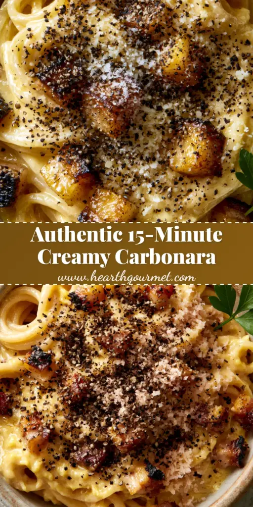 A rustic bowl of authentic Pasta Carbonara with glossy egg sauce, crispy guanciale cubes, and a snowfall of Pecorino cheese.