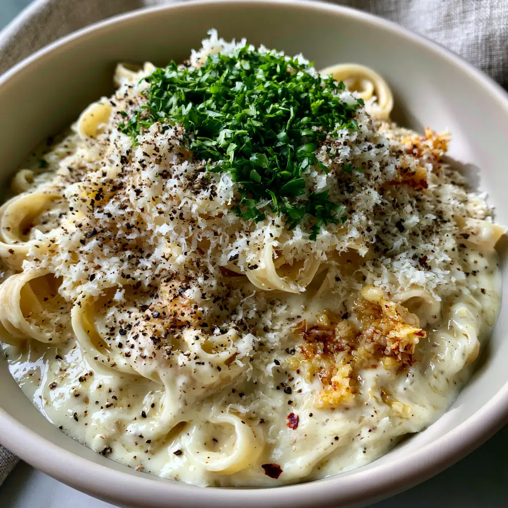 Creamy Garlic Pasta: The Ultimate Velvety Fettuccine Recipe 1 Close-up of golden toasted garlic bits nestled in a thick, velvety cream sauce on fettuccine pasta.