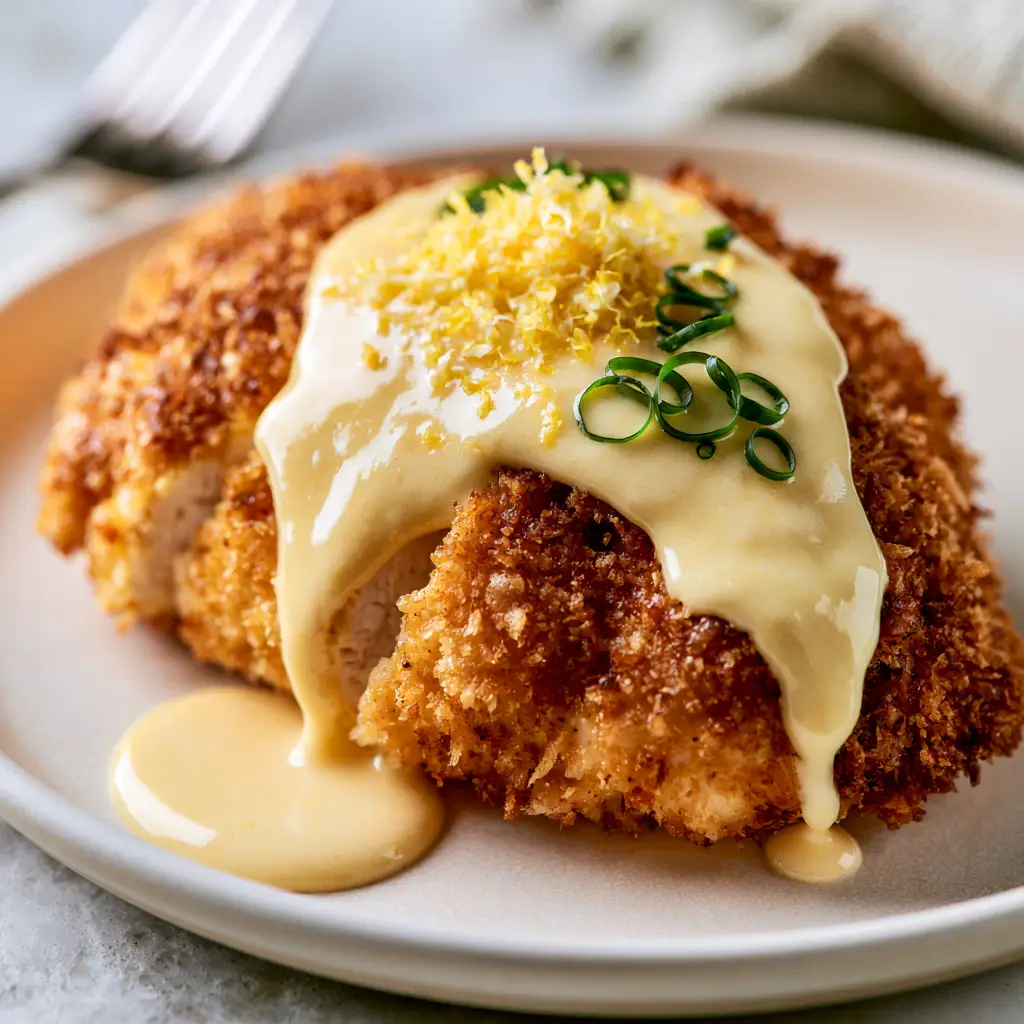 Chicken Christopher with Velvet Lemon Butter Beurre Blanc 2 Macro close-up of sliced Chicken Christopher showing the deep golden-brown panko crust and juicy white meat. (Chicken Christopher)